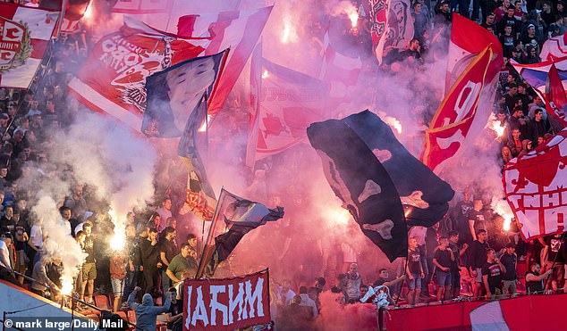 Tensions are already high ahead of the Group C match in Gelsenkirchen, with fears that 500 hardcore Serbian ultras could target the English (photo: Red Star Belgrade fans at the Rajko Mitic on May 13 in a match against FK Radni¿ki 1923)