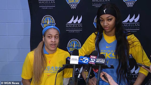 Chennedy Carter (left) and Angel Reese (right) speak to the media after the controversial foul