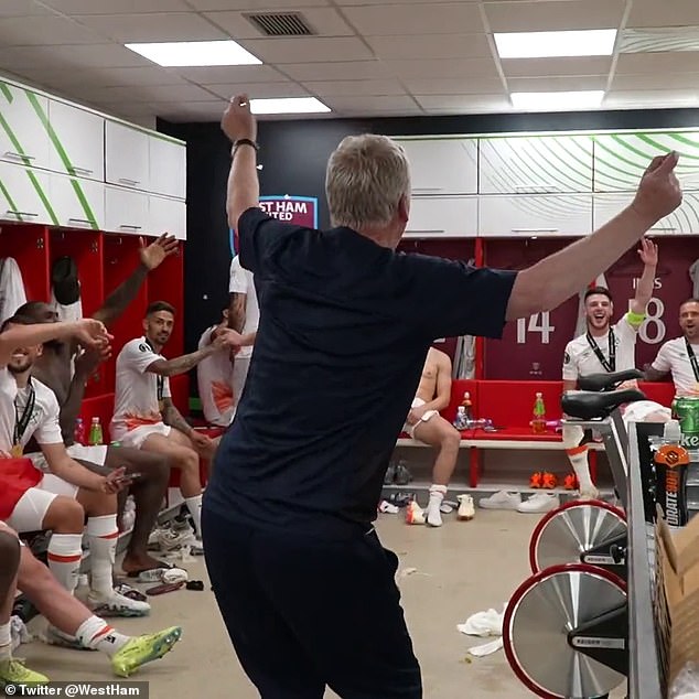 Moyes was pictured singing along with his Hammers players after the match in Prague