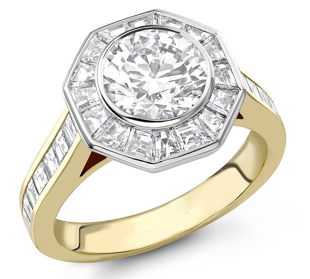 This 18kt yellow gold and diamond engagement ring, designed by Webb, features a brilliant cut stone, something Wickwire says is extremely popular with American brides.