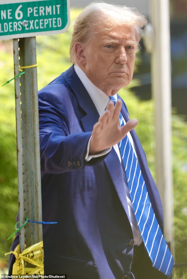 Donald Trump waves to supporters after meeting with Senate Republicans at the National Republican Senatorial Committee office in Washington, DC, June 13, 2024