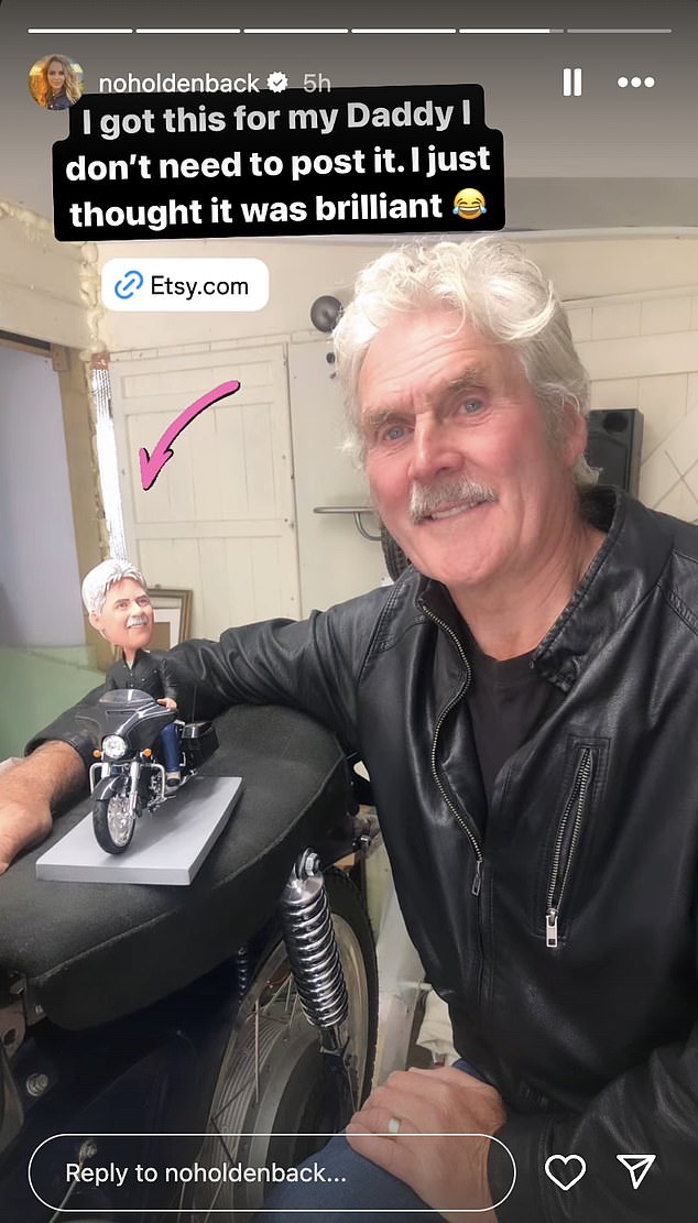 She also showed off a glimpse of the gift she got Frank for the holidays — a small bobblehead statue of himself sitting on a black motorcycle, and snapped a photo of Frank next to it to show off the impeccable likeness.