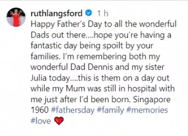 Paying tribute to the couple, Ruth wrote: 'Happy Father's Day to all the wonderful dads out there.  I hope you have a fantastic day, spoiled by your family'