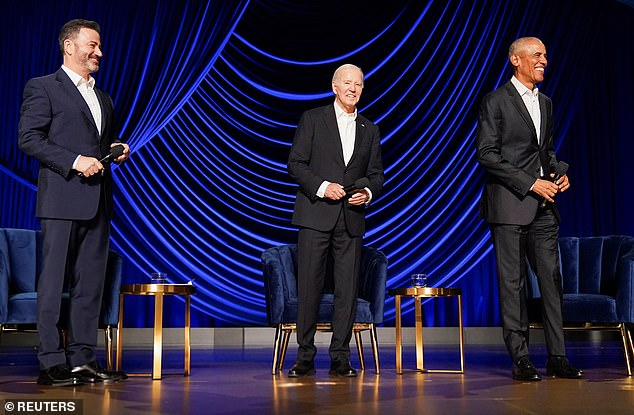 Biden was joined by former President Obama and late-night host Jimmy Kimmel for a conversation at the star-studded fundraiser.  The president took aim at Donald Trump and the conservative Supreme Court during the glitzy event