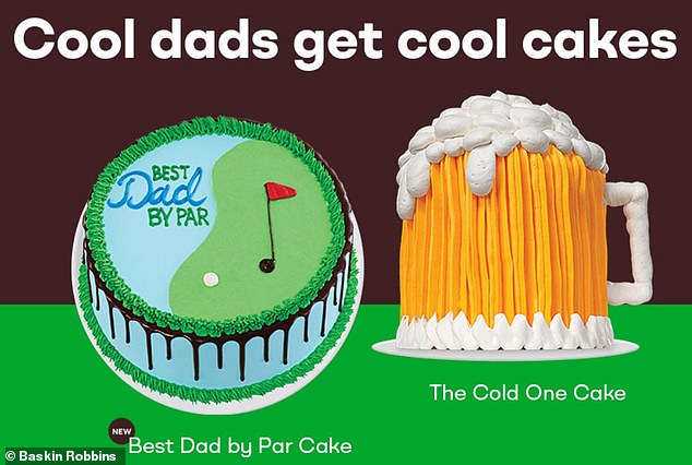 Baskin Robbins is offering $5 off two cakes: the new golf-themed “Best Dad by Par” cake (left) and the iconic beer mug-shaped ice cream cake, “The Cold One Cake” (right)