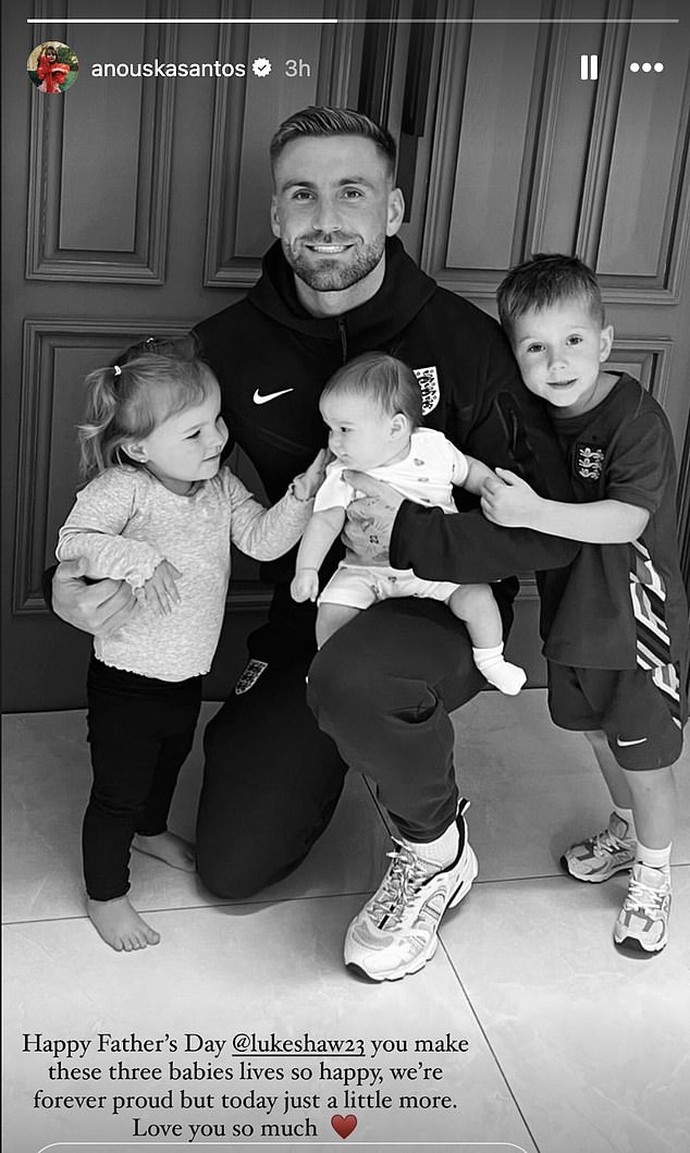Luke Shaw's partner Anouska Santos shared a photo of him with his children, Reign (left), Storie (right) and Lumie (middle), adding that they are 'forever proud'