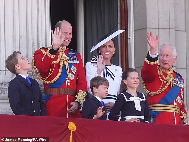 (left to right) Prince George, the Prince of Wales, Prince Louis, the Princess of Wales, Princess Charlotte and King Charles III on the balcony of Buckingham Palace, London, to watch the flypast after the Trooping the Color ceremony
