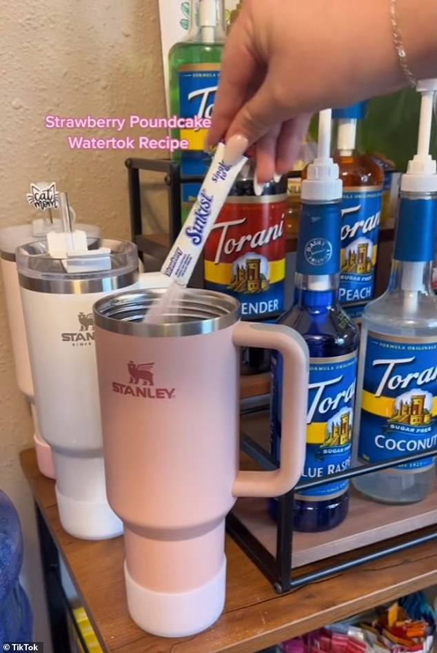 An example of a popular trend on TikTok last year called #WaterTok, where makers dumped loads of artificial sweeteners and syrups into their often gigantic water bottles