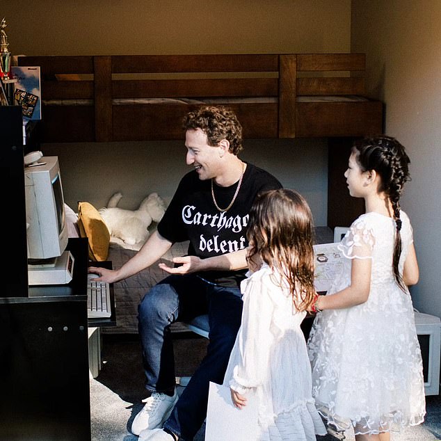 Another image showed the father-of-three with his daughters Maxima, eight, and six-year-old August in a recreation of the nursery where he learned to code