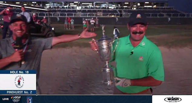 After landing him at the pin, DeChambeau loaned his US Open trophy to Wagner for photos