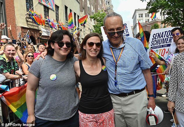 The Democratic leader, right, celebrated at the new home his daughter Alison bought, left, and her wife Elizabeth Weiland, center, participated in the NYC Pride March