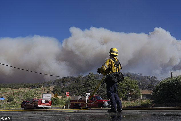 A firefighter looks at a plume of smoke from the Post Fire on Saturday, June 15