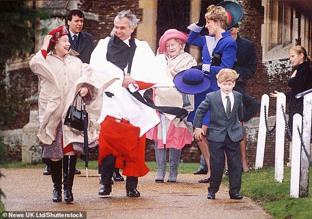 Queen Elizabeth, the Queen Mother and Princess Diana laugh as they are caught in the wind after the Christmas Day service at Sandringham in 1990