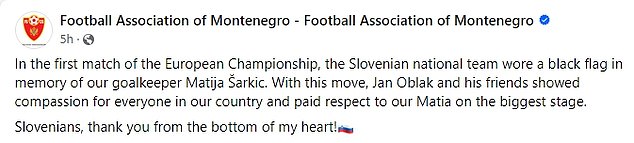 In a post on Facebook, the Montenegro FA expressed its gratitude to Matjaz Kek for the gesture