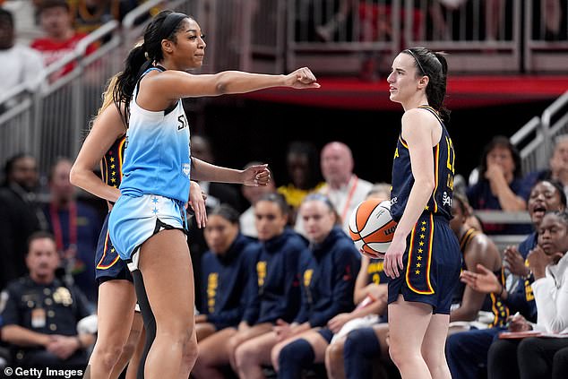 Angel Reese #5 of the Chicago Sky reacts after a foul on Caitlin Clark #22 of the Indiana Fever