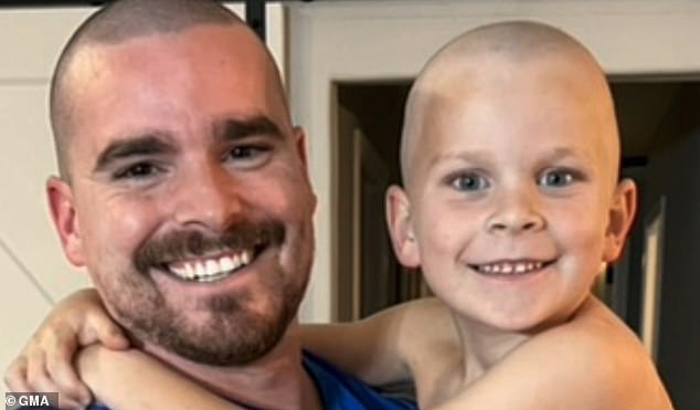 He also had the support of his daughter Schyler, with his son-in-law and grandson even shaving their heads in solidarity with his treatment (pictured)