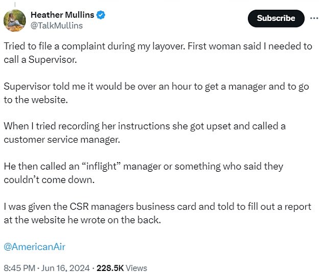 She claimed that an unnamed female flight attendant skipped her when taking drink orders, and that when asked about it, she responded mockingly