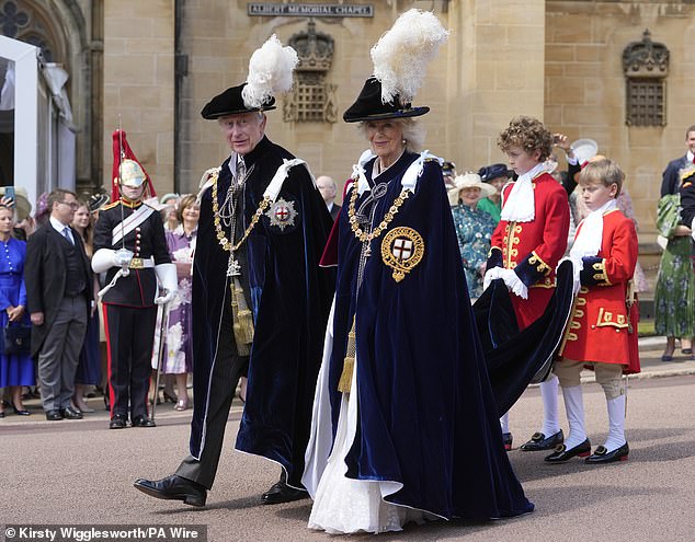 King Charles III and Queen Camilla arrive to attend the annual Order of the Garter Service at St George's Chapel