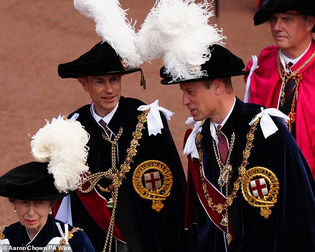 Prince William speaks to Prince Edward today as they arrive at the Order of the Garter Service at St George's Chapel at Windsor Castle
