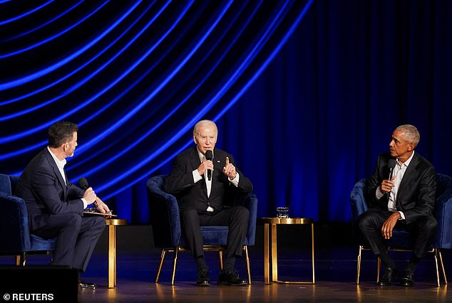 US President Joe Biden takes part in a conversation with former US President Barack Obama and talk show host Jimmy Kimmel