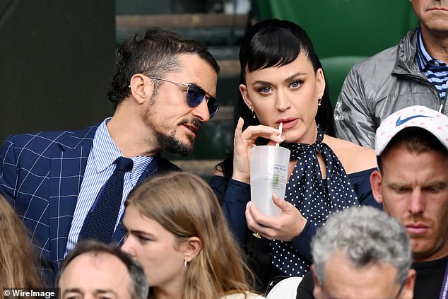 Orlando Bloom and Perry attend day three of the 2023 Wimbledon Tennis Championships at the All England Lawn Tennis and Croquet Club in London