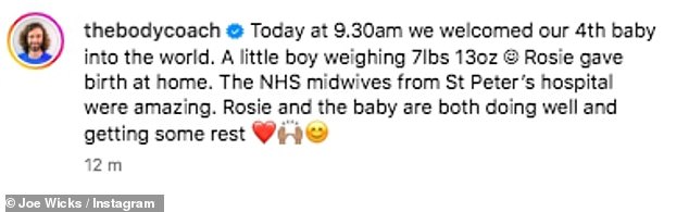 The Body Coach star, 38, and his beloved wife, 33, announced the happy news on Instagram, along with a beautiful photo of the newborn on Monday (seen with daughter Indie, six)