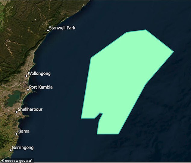 The $10 billion project will be built 20 kilometers off the Illawarra coast (highlighted) and is expected to power approximately 1.8 million homes upon completion.
