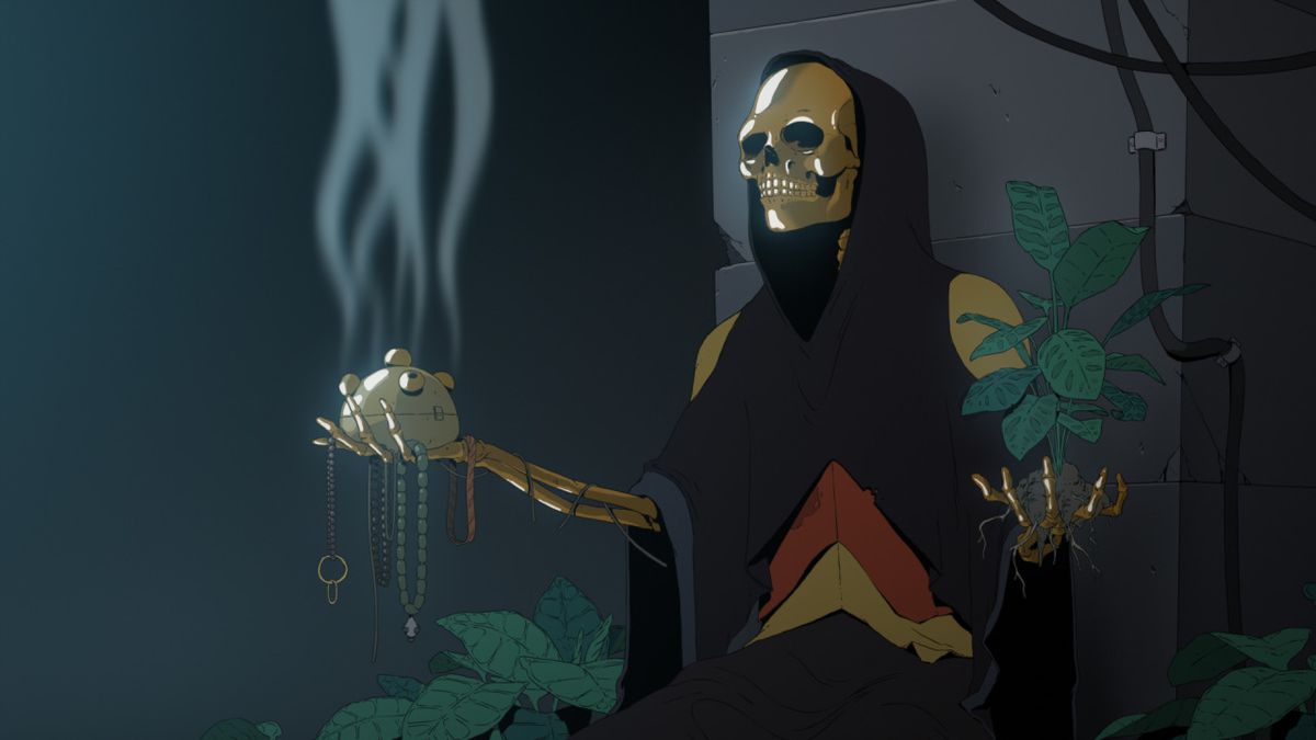 A golden cloaked skeleton holding an uprooted tree in one hand and an incense lantern in the other in Scavengers Reign.