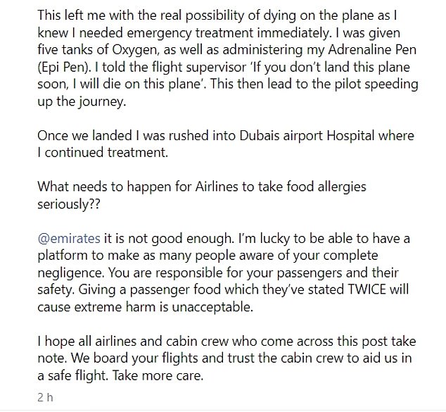 Jack asked, “What needs to happen before airlines take food allergies seriously?”  while criticizing Emirates for their negligence'