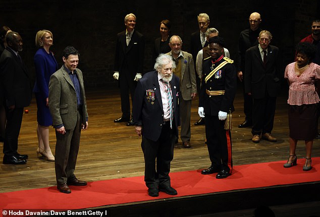 Sir ian mckellen (centre) bows at the curtain call during the press evening performance of "Player Kings" at the Noel Coward Theater on April 11