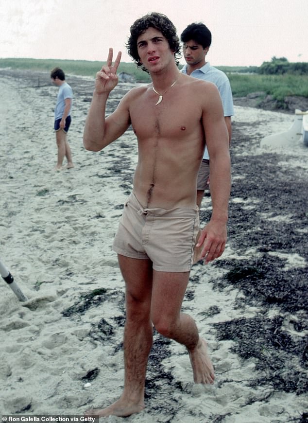 JFK Jr poses topless on the beach at Hyannis Port, Massachusetts, 1979.