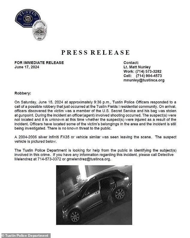 The Tustin Police Department issued a news release detailing the armed robbery of a Secret Service agent on Saturday evening.  During the attack, the officer fired his weapon.  The incident is still under investigation