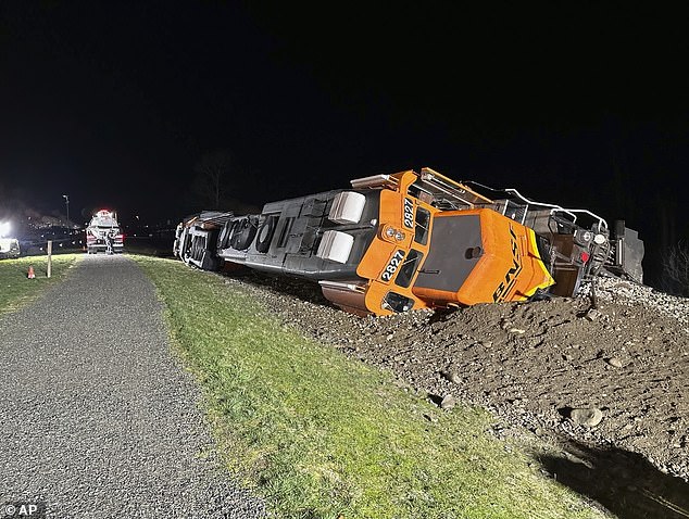 The derailed BNSF train on the Swinomish Tribal Reservation near Anacortes on March 16, 2023