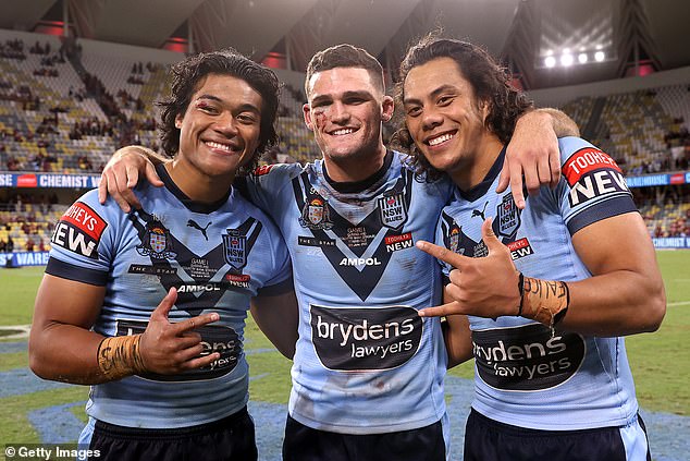 NSW and Penrith teammates (from left) Brian To'o, Nathan Cleary and Jerome Luai after winning game one of the 2021 Origin series