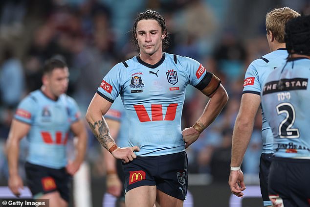 Sharks halfback Nicho Hynes was dumped after the Blues hammered Queensland in the first Origin clash in Sydney