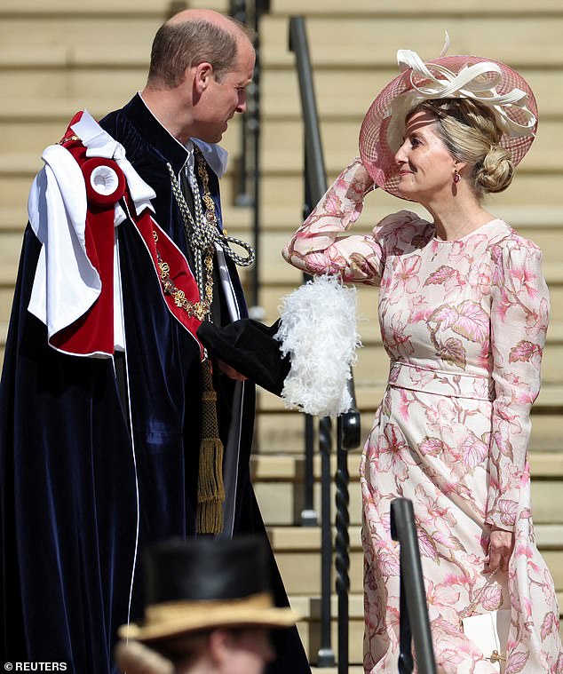 Prince William and Sophie, Duchess of Edinburgh share a friendly conversation after the Order Of The Garter Service at Windsor Castle on June 17