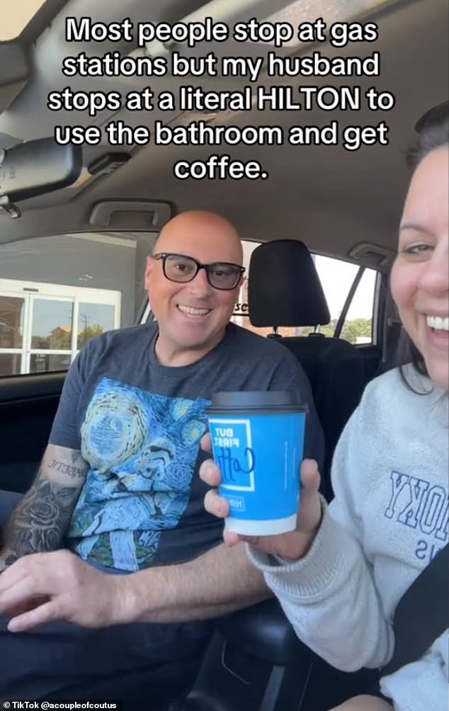 Earlier this month, a woman named Ash revealed that her husband Ronnie stops by Hilton hotels to get a cup of coffee and access sanitary restrooms while they're out and about