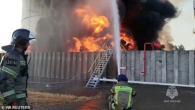 A video published by the Emergency Situations Ministry showed thick smoke and flames rising from what appeared to be multiple oil storage tanks at an undisclosed location.