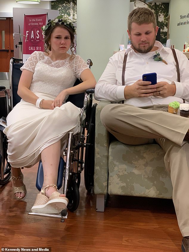 The pair, who had only been married an hour, were devastated when they had to leave their 150 guests at the venue and rush to the hospital where they waited in the ER (pictured) while their loved ones celebrated.