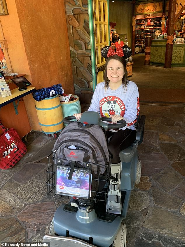 The couple made it to Disney World Florida for their honeymoon six weeks later than planned, with Mary riding around the attractions on a mobility scooter.