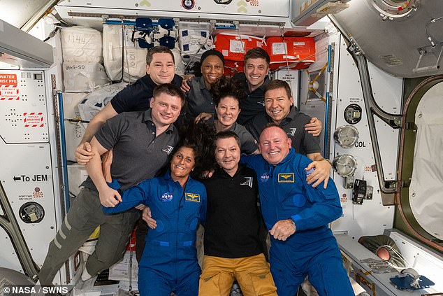 Crew aboard the ISS: Front, left to right, Suni Williams, Oleg Kononenko and Butch Wilmore.  Second row from left: Alexander Grebenkin, Tracy C. Dyson and Mike Barratt.  In the back are Nikolai Chub, Jeanette Epps and Matthew Dominick