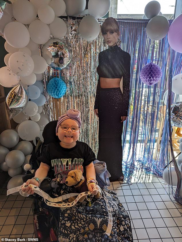 Florence is pictured wearing a Taylor Swift t-shirt, balloons and a cutout of the famous singer