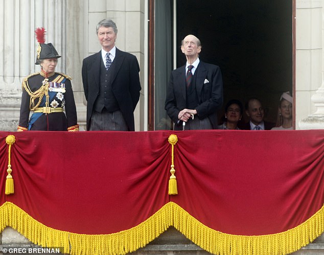 Lady Gabriella hung back from the balcony, where (pictured from left to right) stood Princess Anne, Vice Admiral Sir Timothy Lawrence and the Duke of Kent
