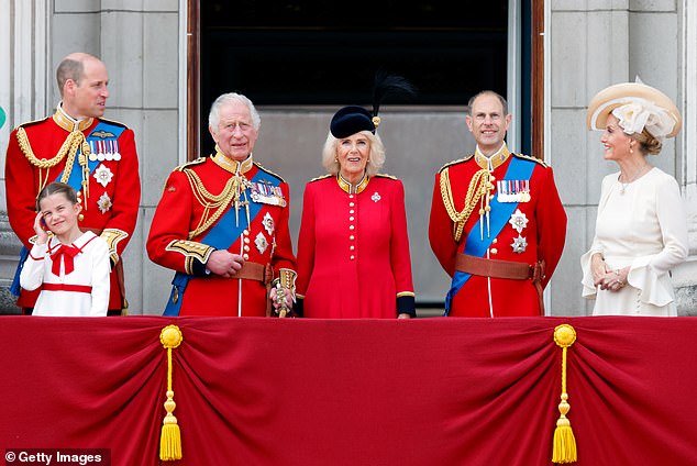 Prince William, Princess Charlotte, King Charles, Queen Camilla, Prince Edward and Sophie watch the RAF flight pass in 2023
