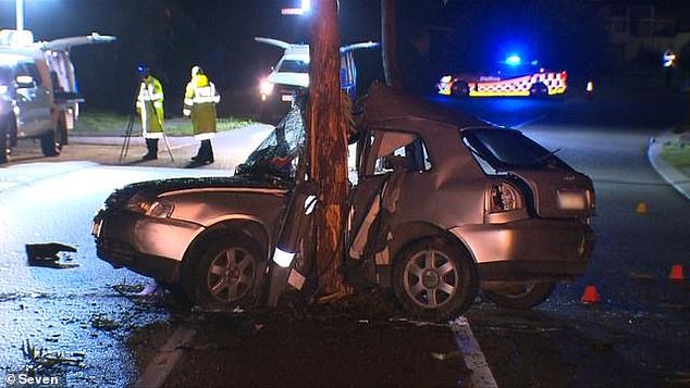 Darcy suffered broken bones and catastrophic brain injuries in the single-vehicle car crash (pictured) in Perth's north