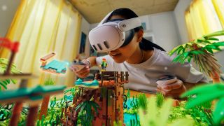 Girl wearing a Meta Quest 3 headset interacting with a jungle playset