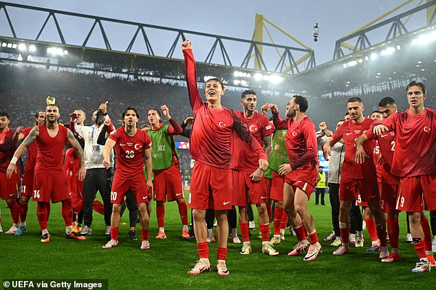 Guler (front) led the celebrations after becoming the youngest player to score on their European Championship debut since Cristiano Ronaldo in 2004