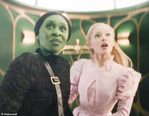 Many people theorized that her change in voice may be because she still uses the voice she used while playing Glinda in Wicked.  Pictured with costar Cynthia Erivo as Elphaba