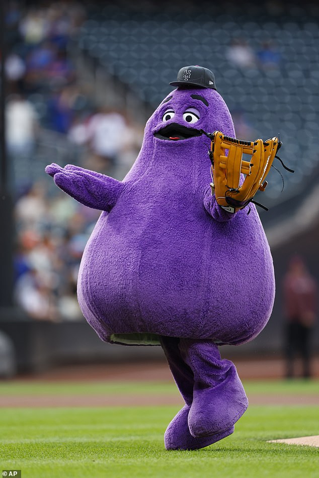 Grimace, McDonald's popular mascot, threw out the first pitch during the Mets game on June 12