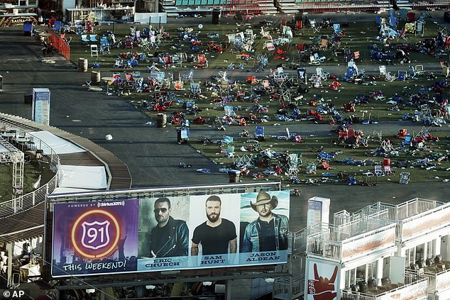 Personal belongings and debris are strewn across the Route 91 Harvest festival grounds across the street from the Mandalay Bay resort and casino in Las Vegas, on October 3, 2017, after the mass shooting